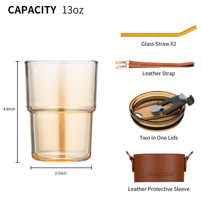 BLUEPOLAR 13 oz Tumbler Water Glass, Water Bottle with Straw and Dustproof Lid, Coffee Ice Cup Double Wall Insulated Glass Cup (Amber with Sleeve and Strap) - Image 4