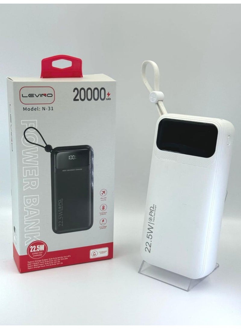 20000mAh Power Bank with Digital Display and 22.5W Super Fast Charging PD, Portable External Battery Charger - Model N-31 (White) 1 Year Warranty