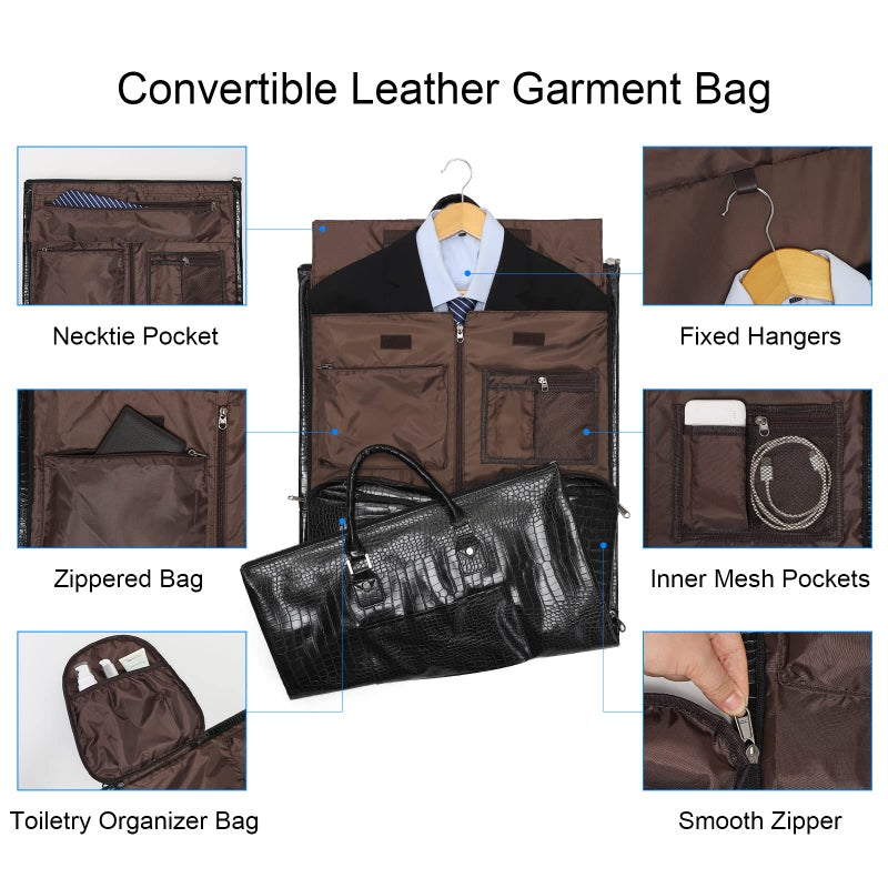 Modoker Modoker Convertible Leather Garment Bag, Carry on Garment Bags for Travel Waterproof Garment Duffel Bag Gifts for Men Women Business - 2 in 1 Hanging Suitcase Suit Travel Bags, Charcoal Black - Image 2