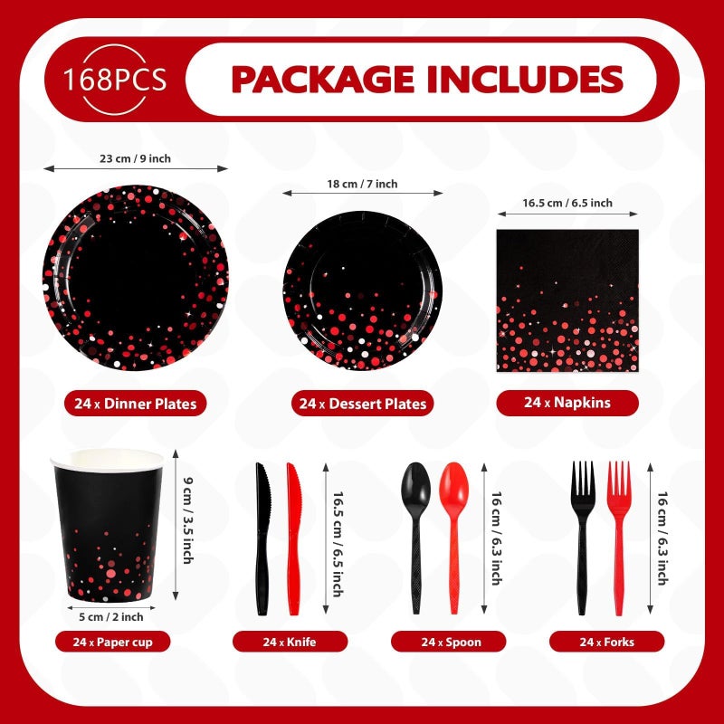 Grencian 168Pcs Black and Red Party Decorations Red Dot on Black Plates Napkins Cups Forks Knives Spoons Disposable Paper Tableware for Birthday Wedding Valentine's Day Party Supplies, Serves 24 - Image 2