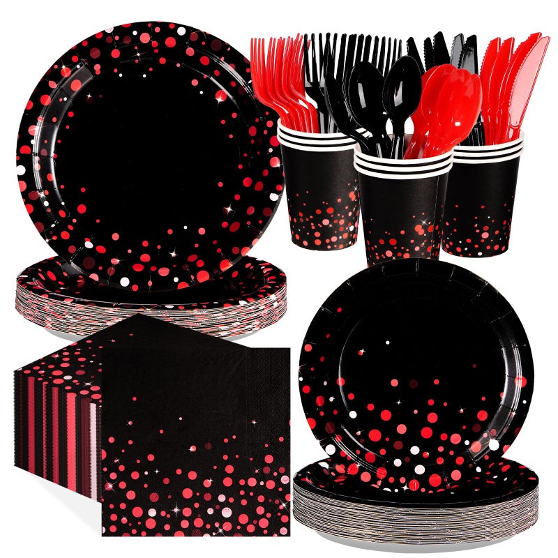 Grencian 168Pcs Black and Red Party Decorations Red Dot on Black Plates Napkins Cups Forks Knives Spoons Disposable Paper Tableware for Birthday Wedding Valentine's Day Party Supplies, Serves 24 - Image 1