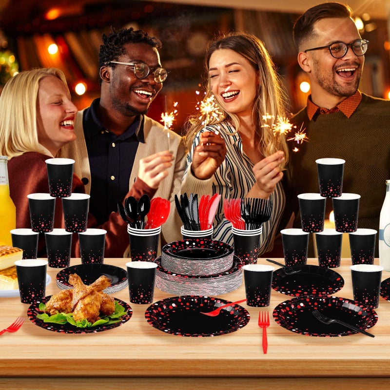 Grencian 168Pcs Black and Red Party Decorations Red Dot on Black Plates Napkins Cups Forks Knives Spoons Disposable Paper Tableware for Birthday Wedding Valentine's Day Party Supplies, Serves 24 - Image 5
