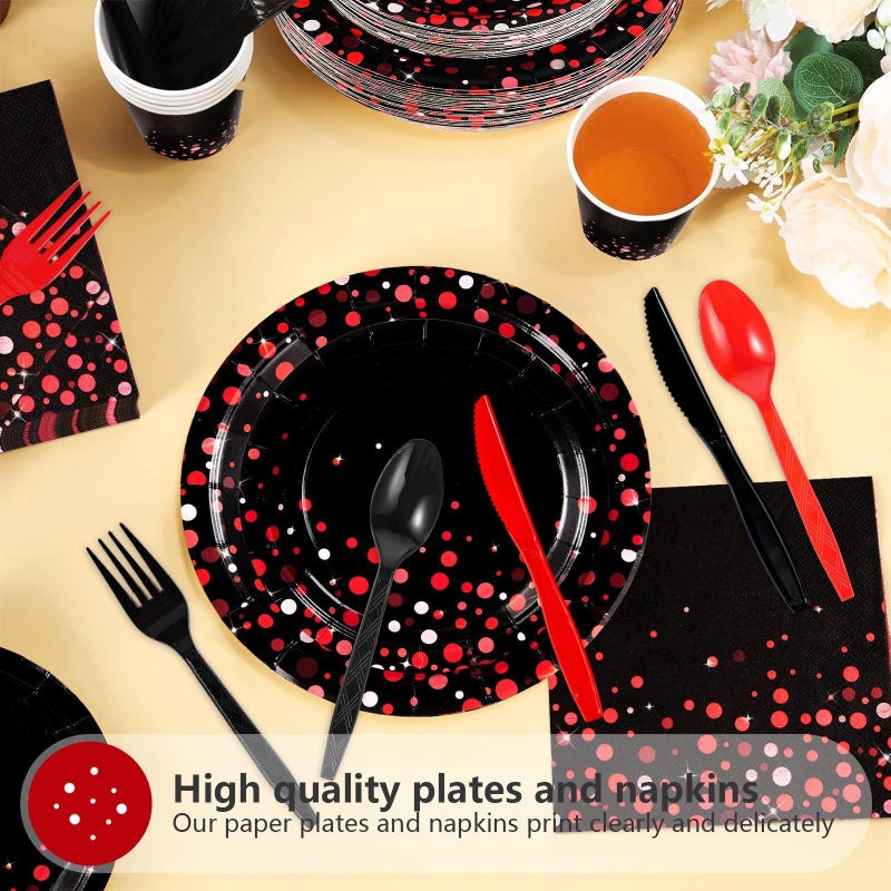 Grencian 168Pcs Black and Red Party Decorations Red Dot on Black Plates Napkins Cups Forks Knives Spoons Disposable Paper Tableware for Birthday Wedding Valentine's Day Party Supplies, Serves 24 - Image 3