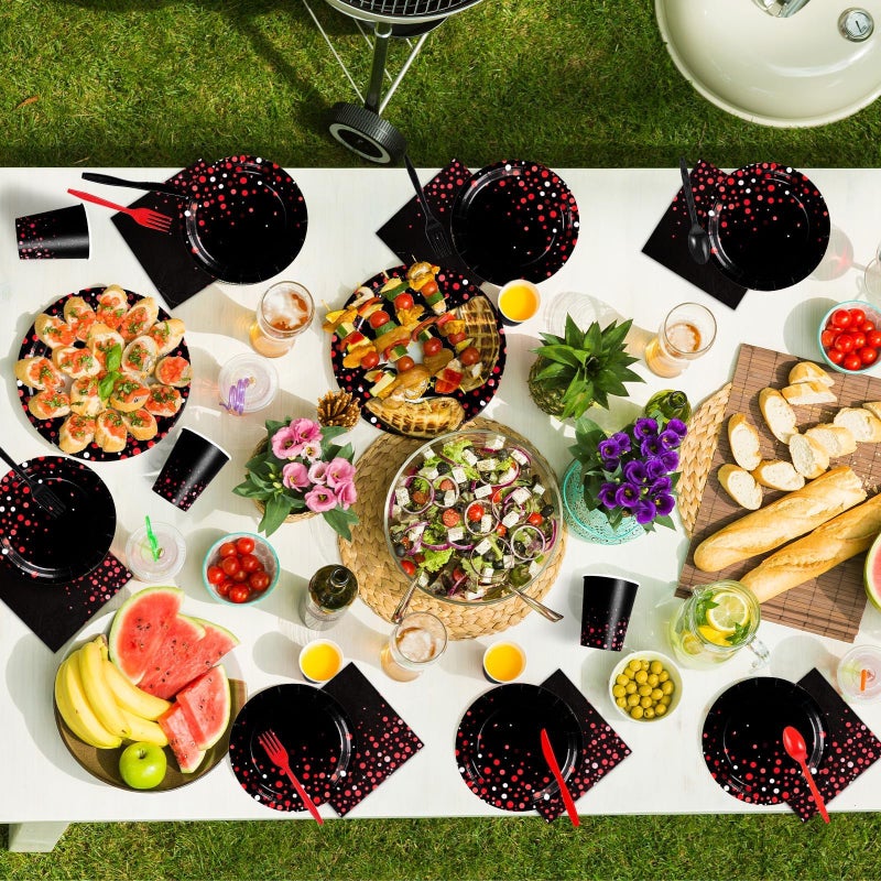 Grencian 168Pcs Black and Red Party Decorations Red Dot on Black Plates Napkins Cups Forks Knives Spoons Disposable Paper Tableware for Birthday Wedding Valentine's Day Party Supplies, Serves 24 - Image 4