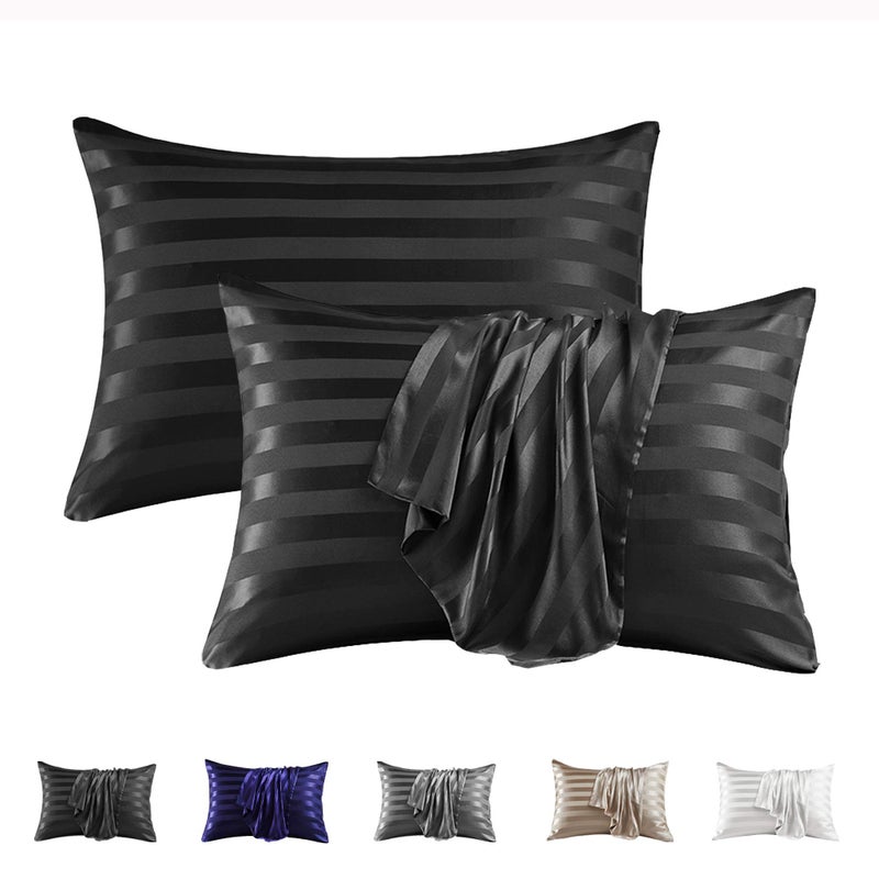 MRHM Satin Pillowcase for Hair and Skin Silk Satin Pillowcase 2 Pack Queen Size Pillow Cases Set of 2 Silky Pillow Cover with Envelope Closure 20x30 Black Striped