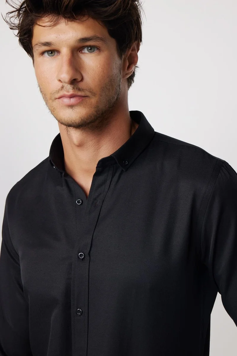 تودورس Slim Fit Cotton Easy-Iron Plain Black Men's Shirt