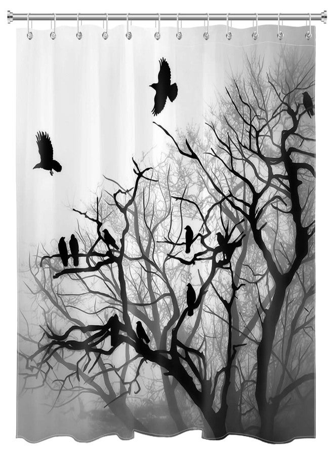 LB Misty Forest Shower Curtain Black Grey Foggy Woods Birds on Tree Crow Raven Halloween Shower Curtains for Bathroom Decorations Set with Hooks 72x72 inch Waterproof Polyester Fabric - Image 1