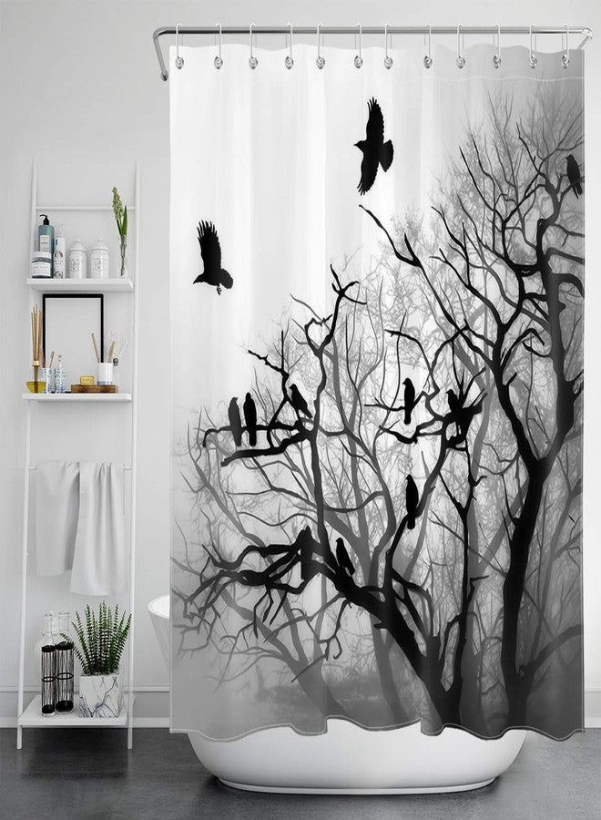 LB Misty Forest Shower Curtain Black Grey Foggy Woods Birds on Tree Crow Raven Halloween Shower Curtains for Bathroom Decorations Set with Hooks 72x72 inch Waterproof Polyester Fabric - Image 2