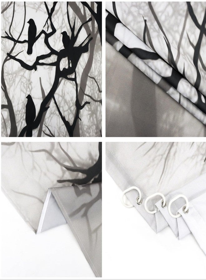 LB Misty Forest Shower Curtain Black Grey Foggy Woods Birds on Tree Crow Raven Halloween Shower Curtains for Bathroom Decorations Set with Hooks 72x72 inch Waterproof Polyester Fabric - Image 3