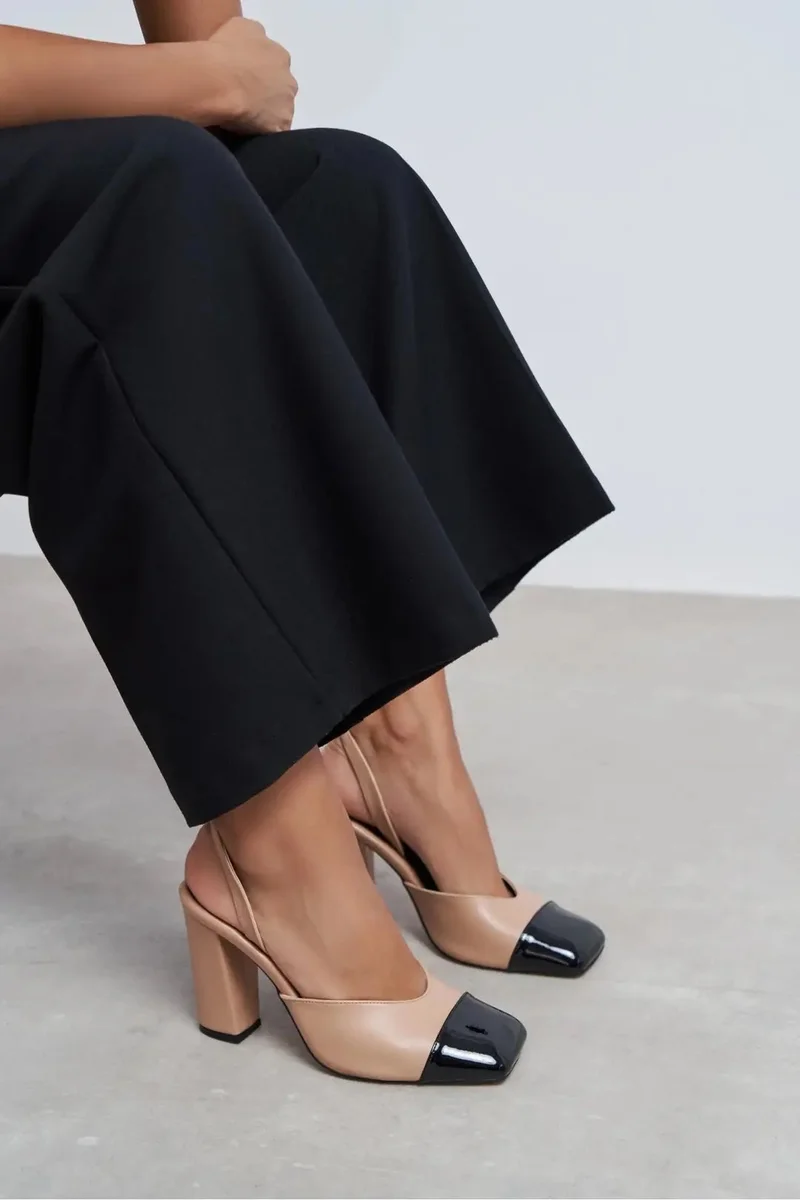 Nisantasi Shoes  Solea Matte Patent Toe Detail Back Elasticated Block Heel Shoe for Women | Best Price UAE