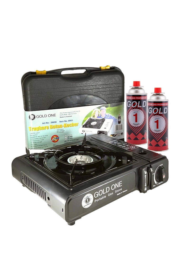 GOLD ONE Camping Stove with 2 Pieces Butane Gas Canisters and Carry Box 