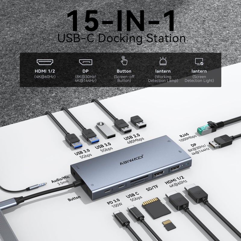 ABIWAZY USB C Laptop Docking Station Dual Monitor, ABIWAZY 15 in 1 USB C Hub Triple Display with 8K DisplayPort, 2 HDMI 4K, 6 USB A/C Ports, 100W PD, Ethernet, Audio, SD/MicroSD for Dell/HP/Lenovo - Image 2