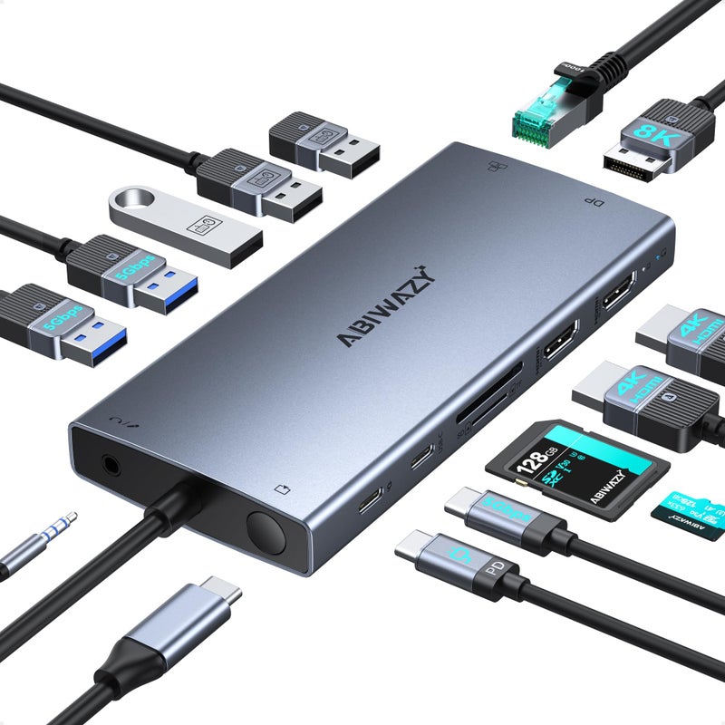ABIWAZY USB C Laptop Docking Station Dual Monitor, ABIWAZY 15 in 1 USB C Hub Triple Display with 8K DisplayPort, 2 HDMI 4K, 6 USB A/C Ports, 100W PD, Ethernet, Audio, SD/MicroSD for Dell/HP/Lenovo - Image 1
