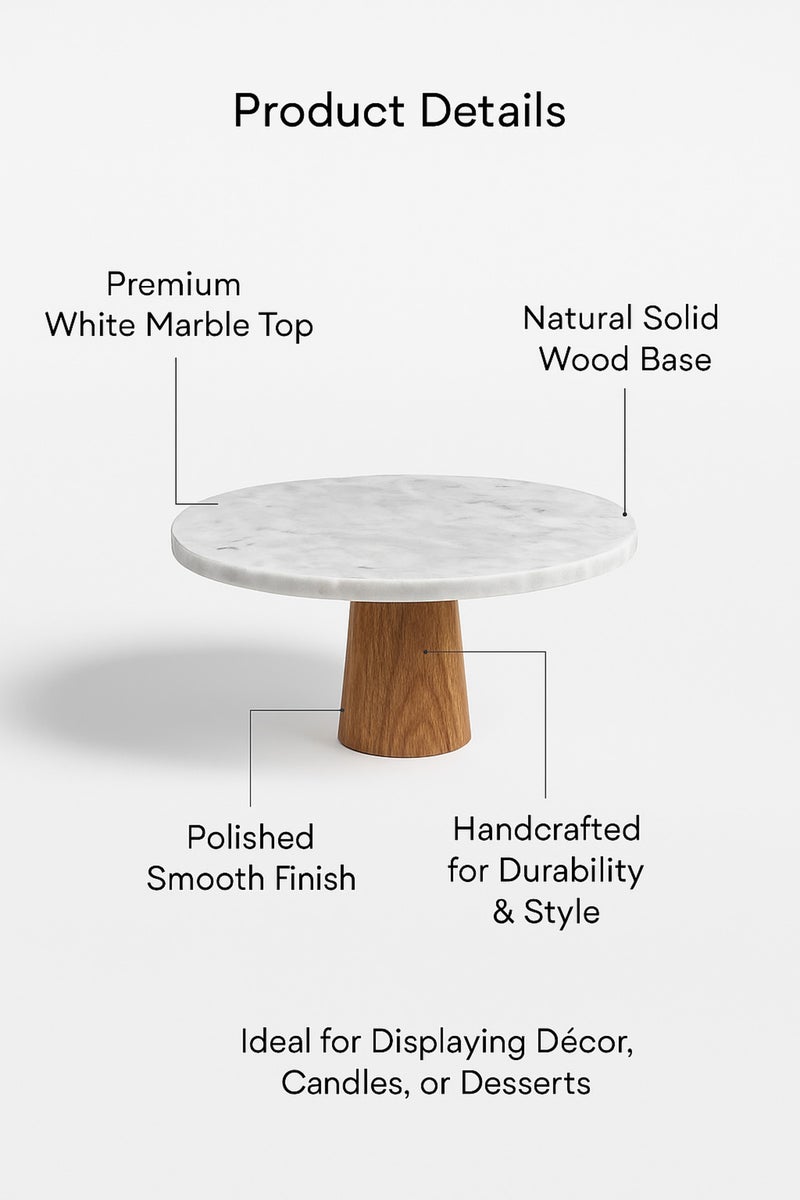 ماريا هومز حامل زخرفي من الرخام الأبيض – قاعدة عرض دائرية بقاعدة خشبية - Image 4