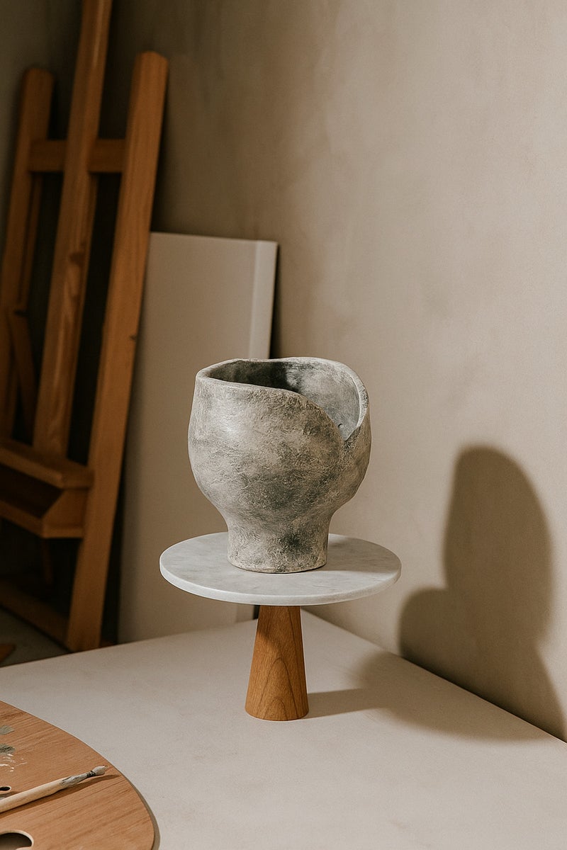 ماريا هومز حامل زخرفي من الرخام الأبيض – قاعدة عرض دائرية بقاعدة خشبية - Image 3