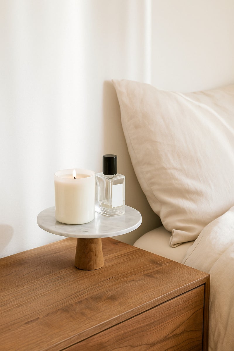 ماريا هومز حامل زخرفي من الرخام الأبيض – قاعدة عرض دائرية بقاعدة خشبية - Image 1