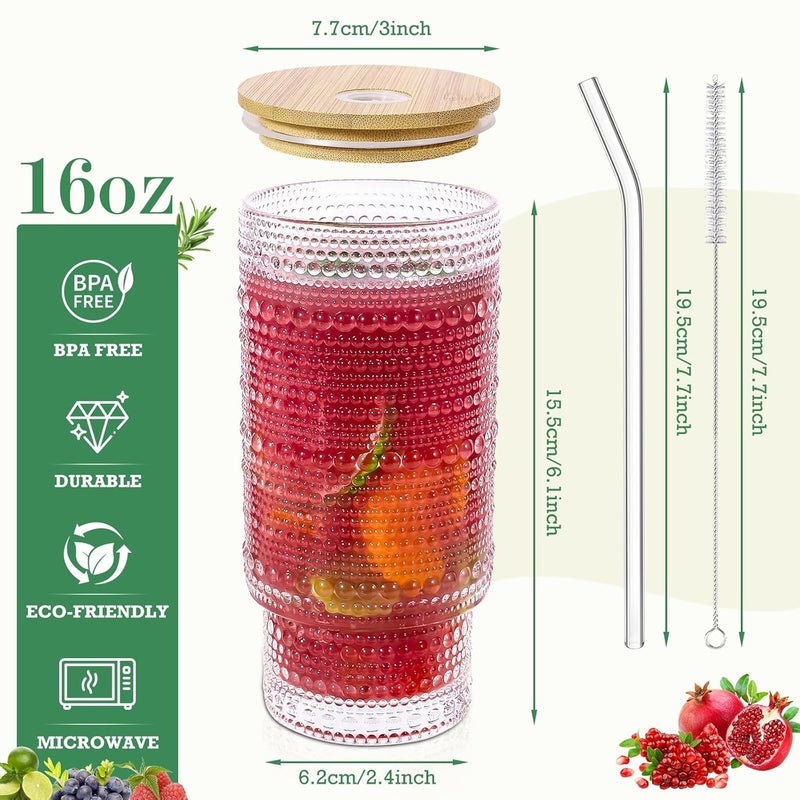 CWHHRN 16OZ Glass Cups with Lids and Straws Vintage Embossed Glassware for Whiskey Cocktail Beer Iced Coffee Cups with Lid Glass Tumbler with Straw and Lid 2 PACK - Image 2