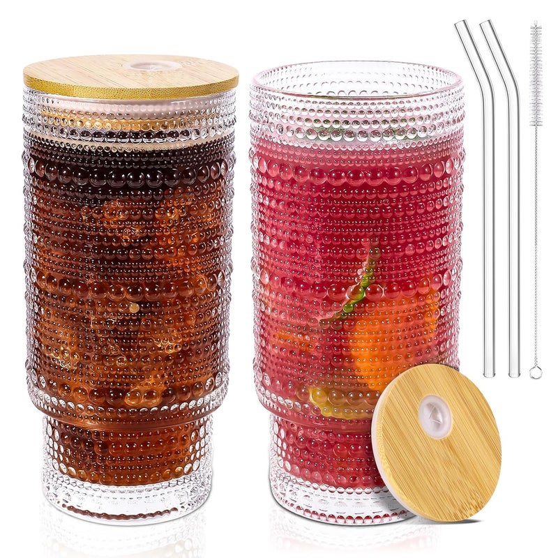 CWHHRN 16OZ Glass Cups with Lids and Straws Vintage Embossed Glassware for Whiskey Cocktail Beer Iced Coffee Cups with Lid Glass Tumbler with Straw and Lid 2 PACK - Image 1