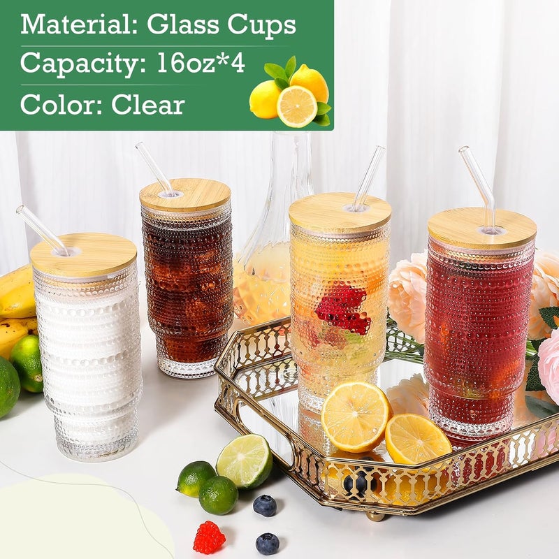 CWHHRN 16OZ Glass Cups with Lids and Straws Vintage Embossed Glassware for Whiskey Cocktail Beer Iced Coffee Cups with Lid Glass Tumbler with Straw and Lid 2 PACK - Image 3