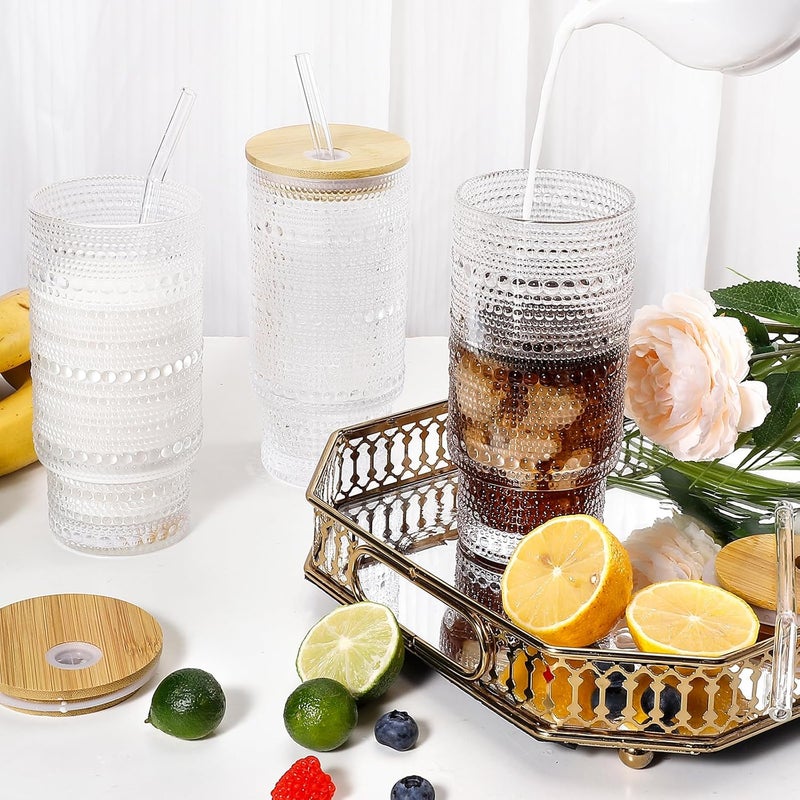 CWHHRN 16OZ Glass Cups with Lids and Straws Vintage Embossed Glassware for Whiskey Cocktail Beer Iced Coffee Cups with Lid Glass Tumbler with Straw and Lid 2 PACK - Image 5