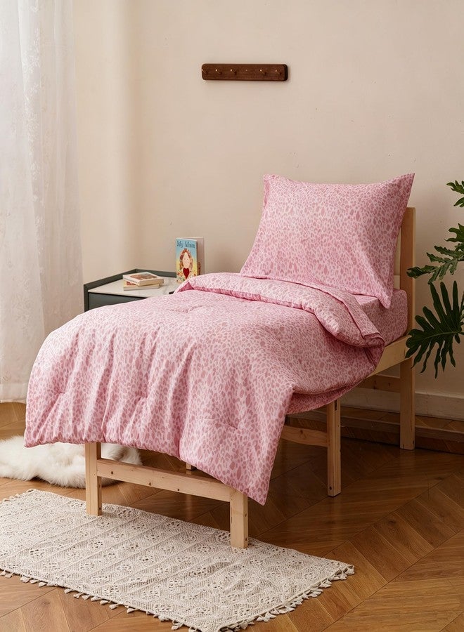 Cottonight Cotton Toddler Comforter Set Pink Leopard 4PCS Crib Bed Set Girls Kids Children Bedding Set for Dorm Kid's Bedroom (1 Comforter, 1 Flat Sheet, 1 Fitted Sheet, 1 Pillowcase) - Image 2