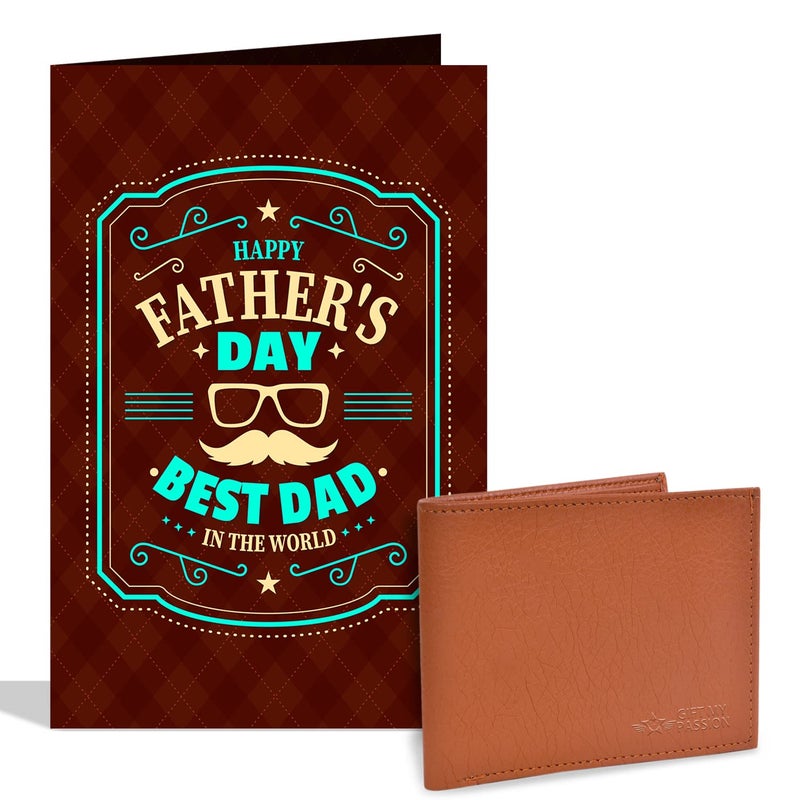 GIFT MY PASSION Happy Fathers Day Best Dad In The World Greeting Card with Brown Mens Wallet Combo