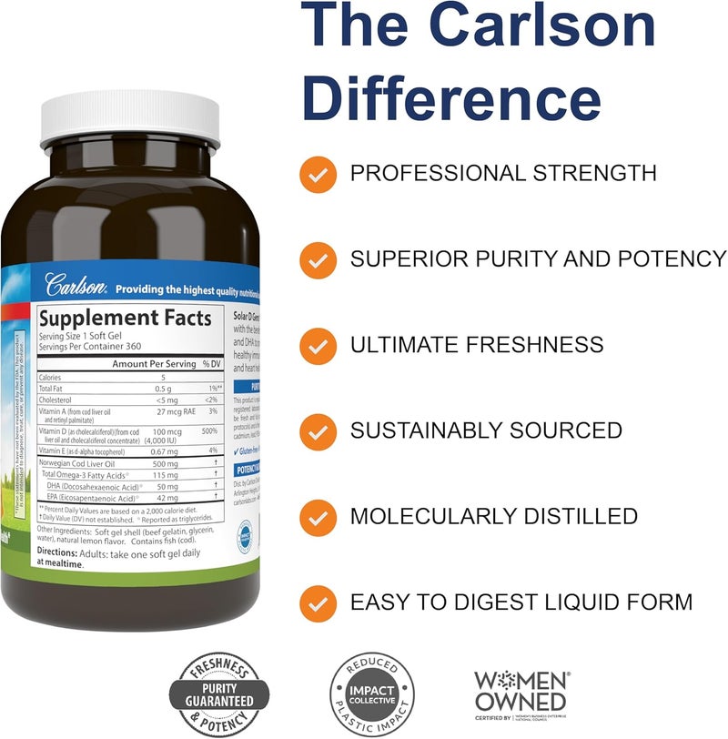 Carlson  Solar D Gems Vitamin D3 and Omega3 Supplement 4000 IU 100 mcg D3 115 mg Omega3 EPA and DHA Vitamin D Fish Oil Capsule Bone  Immune Health Vitamin D Supplement Lemon 360 Softgels - Image 2