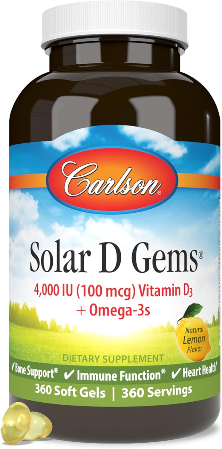 Carlson  Solar D Gems Vitamin D3 and Omega3 Supplement 4000 IU 100 mcg D3 115 mg Omega3 EPA and DHA Vitamin D Fish Oil Capsule Bone  Immune Health Vitamin D Supplement Lemon 360 Softgels - Image 1
