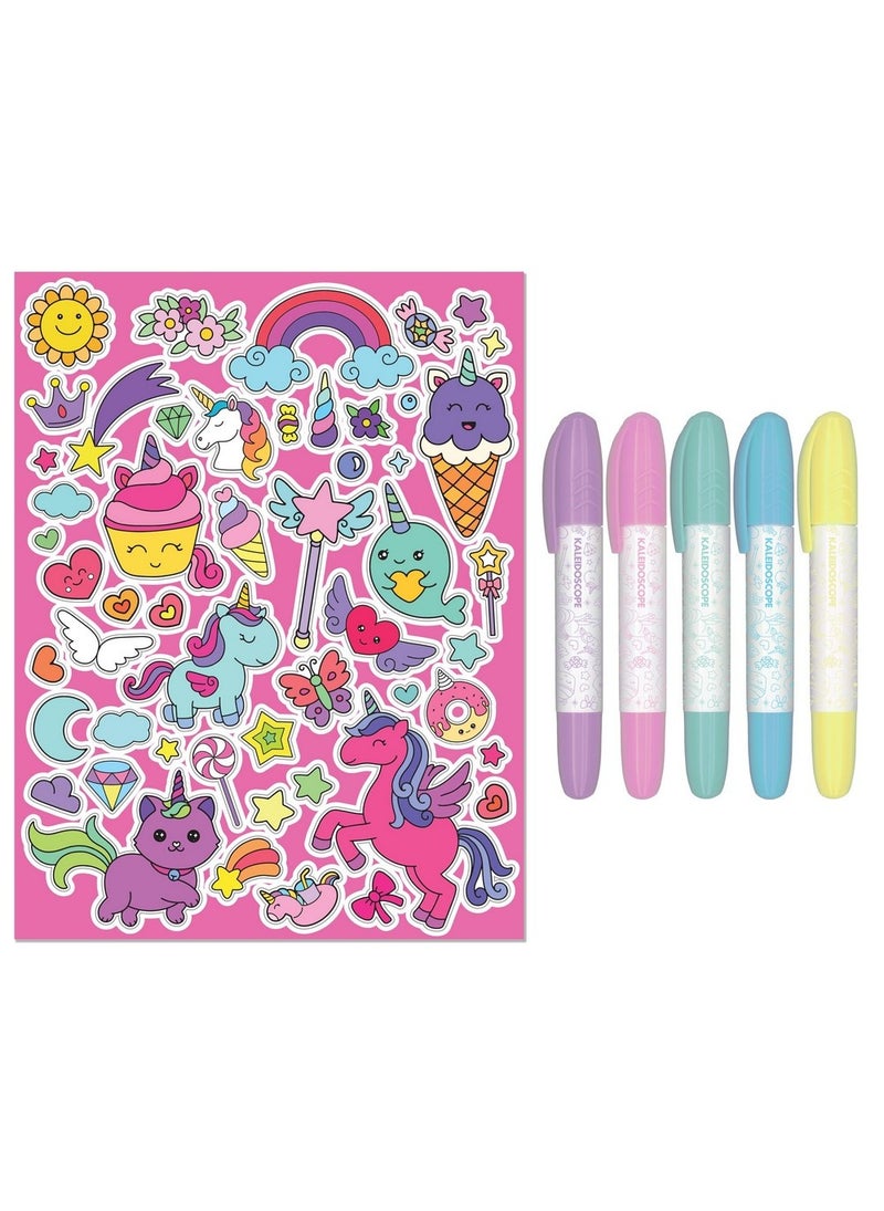 Hinkler Jr Kaleidoscope Colouring Kit – Unicorns Edition, includes 64-page colouring book with 5 pastel markers and 50 fun stickers, Magical Colouring Fun for Kids, Perfect Gift for Unicorn Lovers and Creative Play