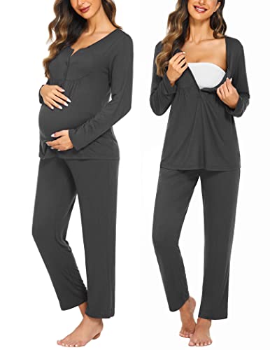 Ekouaer Maternity Nursing Pajama Sets Labor Delivery Pjs Long Sleeve Breastfeeding Pajamas Pregnancy Sleepwear Set Grey S - Image 1