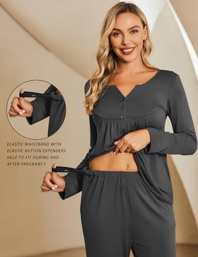 Ekouaer Maternity Nursing Pajama Sets Labor Delivery Pjs Long Sleeve Breastfeeding Pajamas Pregnancy Sleepwear Set Grey S - Image 2