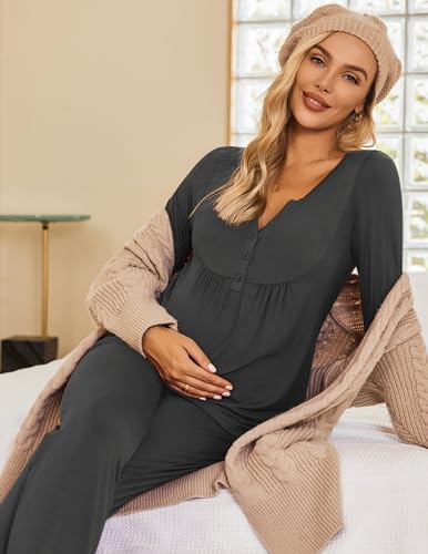 Ekouaer Maternity Nursing Pajama Sets Labor Delivery Pjs Long Sleeve Breastfeeding Pajamas Pregnancy Sleepwear Set Grey S - Image 4
