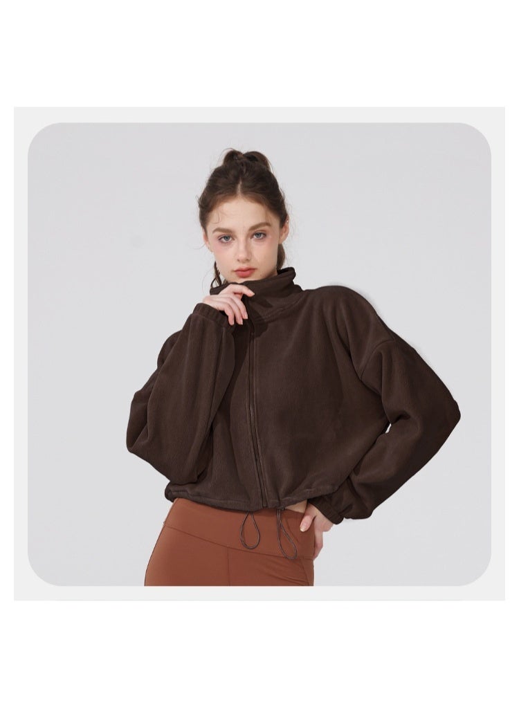 كوينج Trendy Sherpa Yoga Jacket Womens Thickened Fleece Burnt tea coffee - Image 4