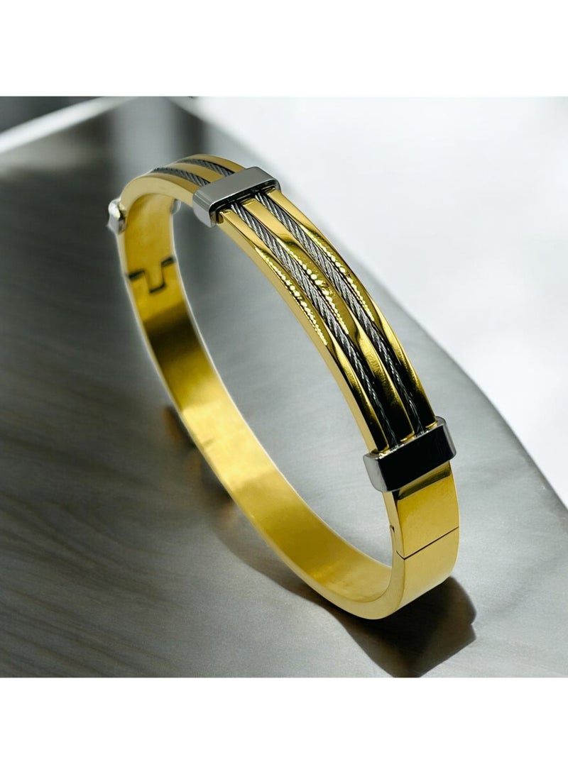 MARIO DRAFTS Mario Drafts Luxury Two-Tone Bangle Bracelet, Gold with Silver Cable Inlay, Stainless Steel Clasp  - Image 1