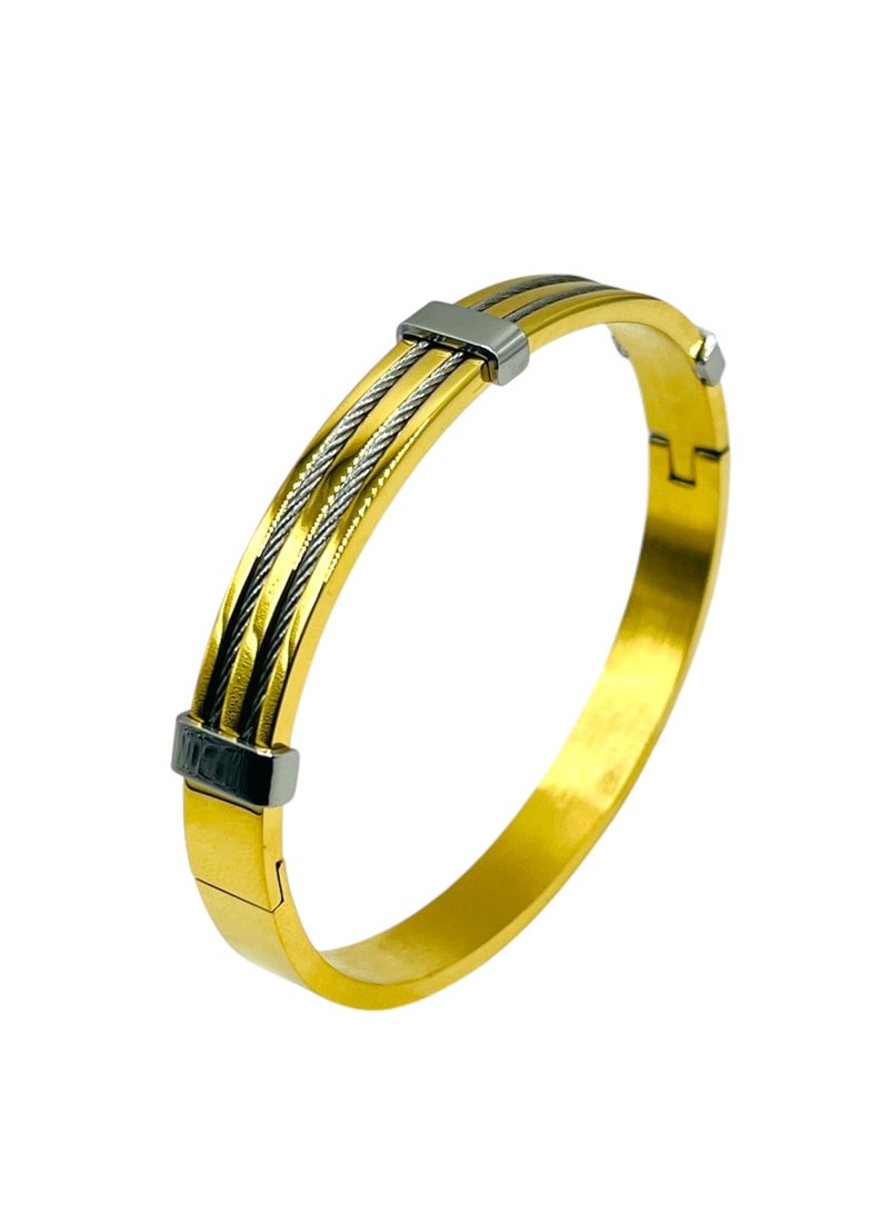 MARIO DRAFTS Mario Drafts Luxury Two-Tone Bangle Bracelet, Gold with Silver Cable Inlay, Stainless Steel Clasp  - Image 2
