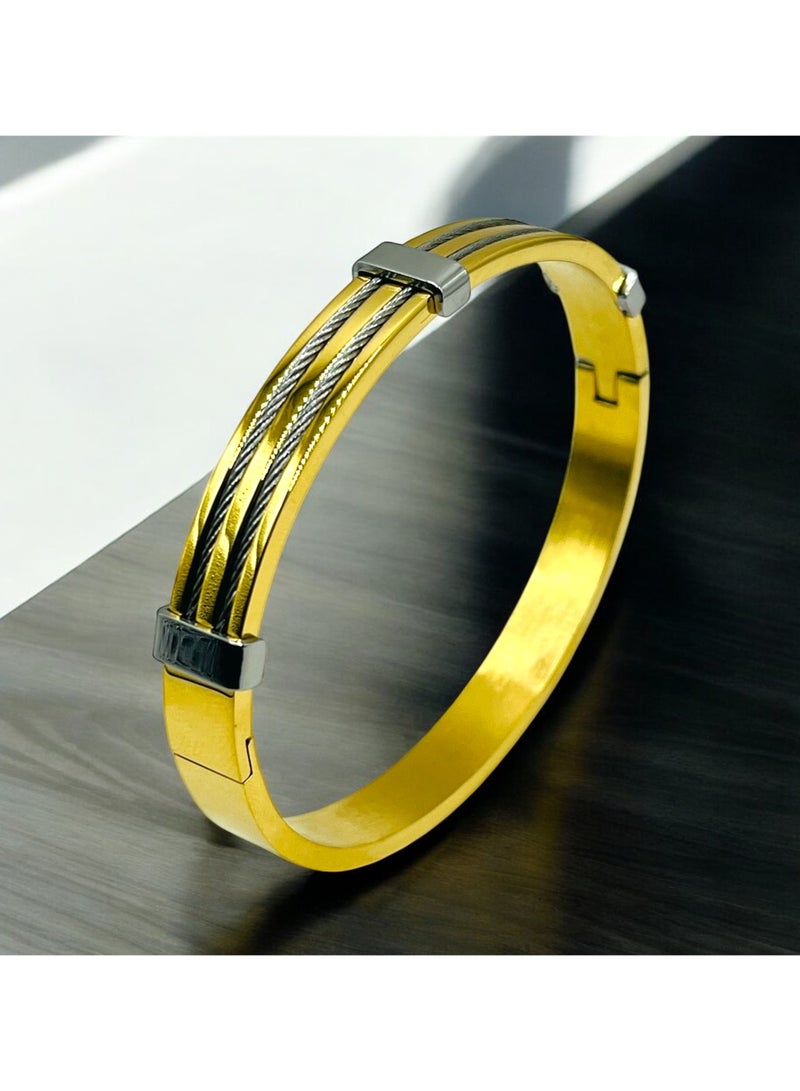 MARIO DRAFTS Mario Drafts Luxury Two-Tone Bangle Bracelet, Gold with Silver Cable Inlay, Stainless Steel Clasp  - Image 3