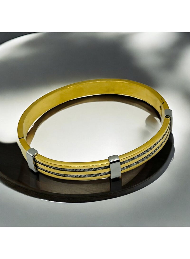 MARIO DRAFTS Mario Drafts Luxury Two-Tone Bangle Bracelet, Gold with Silver Cable Inlay, Stainless Steel Clasp  - Image 4