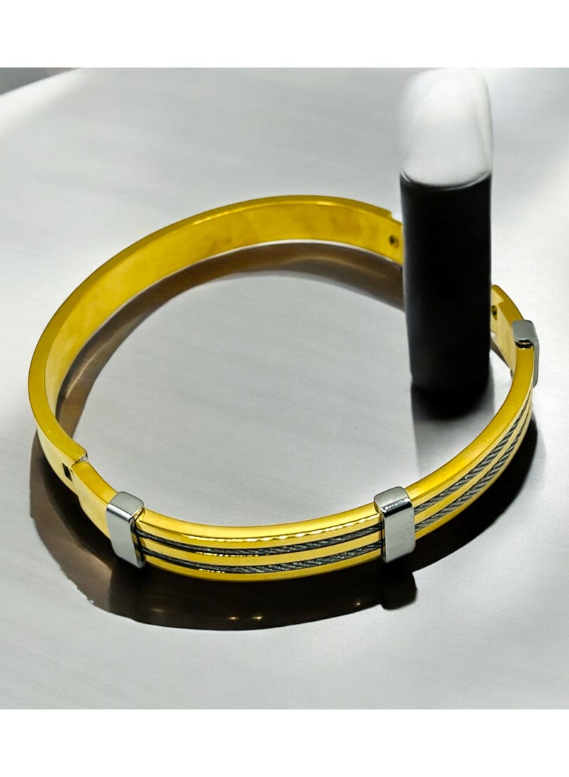 MARIO DRAFTS Mario Drafts Luxury Two-Tone Bangle Bracelet, Gold with Silver Cable Inlay, Stainless Steel Clasp  - Image 5