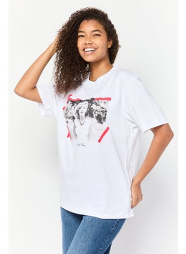 Women Crew Neck Graphic Print T-Shirt, White
