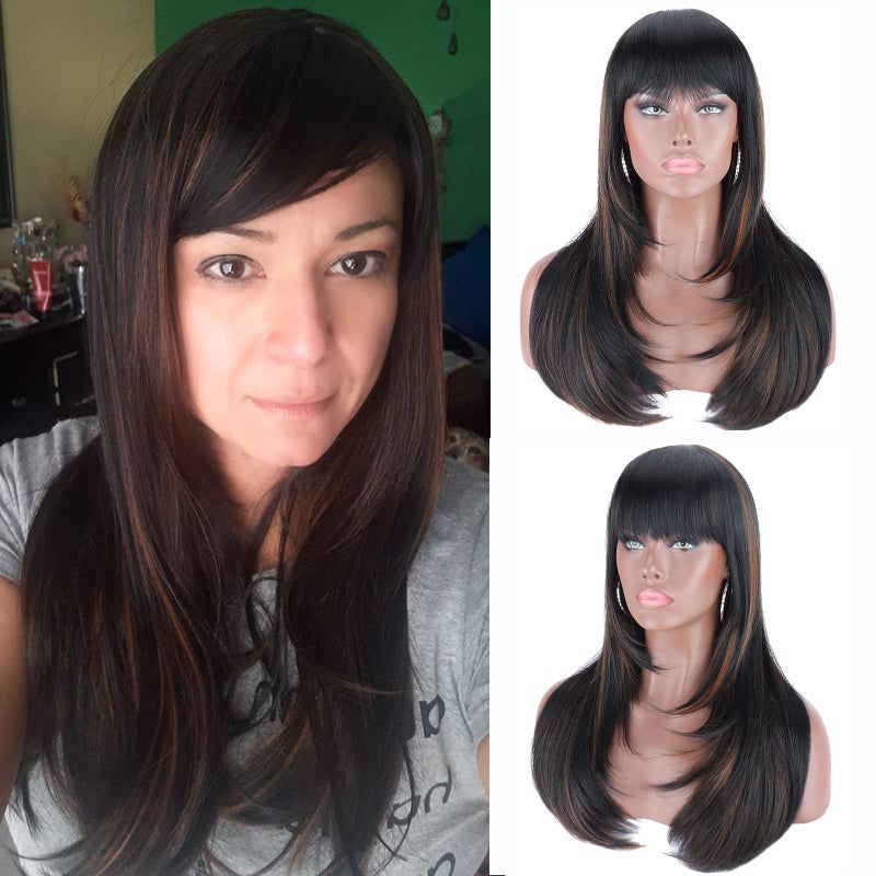 Kalyss Heat Resistant Yaki Human Hair Blended Wig with Hair Bangs Long Straight Layered Black Wigs with Brown Highlights Natural Looking Centre Parting Hair Replacement Wigs for Women