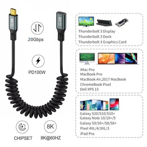 NFHK Stretch Coiled USB-C USB4 Cable 20Gbps 100W 8K for Laptop Keyboard Tablet Type-C Male to Female Power & Data Extension Cable - Image 2