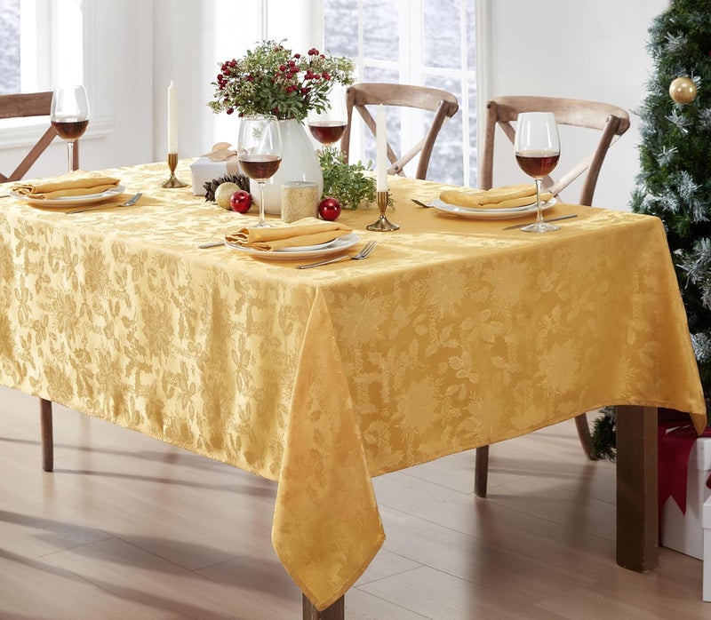 Newbridge Christmas Carol Holiday Noel Damask Tablecloth Holly Leaf and Poinsettia Weave Damask Soil Resistant Wrinkle Free Easy Care Tablecloth 52 x 70 OblongRectangle Gold - Image 3