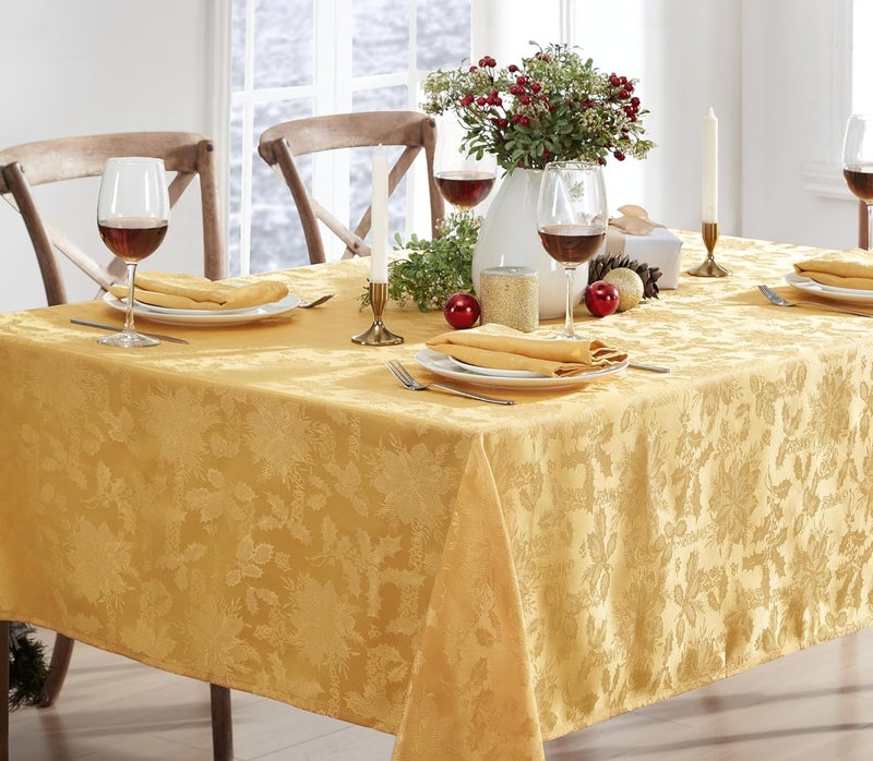 Newbridge Christmas Carol Holiday Noel Damask Tablecloth Holly Leaf and Poinsettia Weave Damask Soil Resistant Wrinkle Free Easy Care Tablecloth 52 x 70 OblongRectangle Gold - Image 5