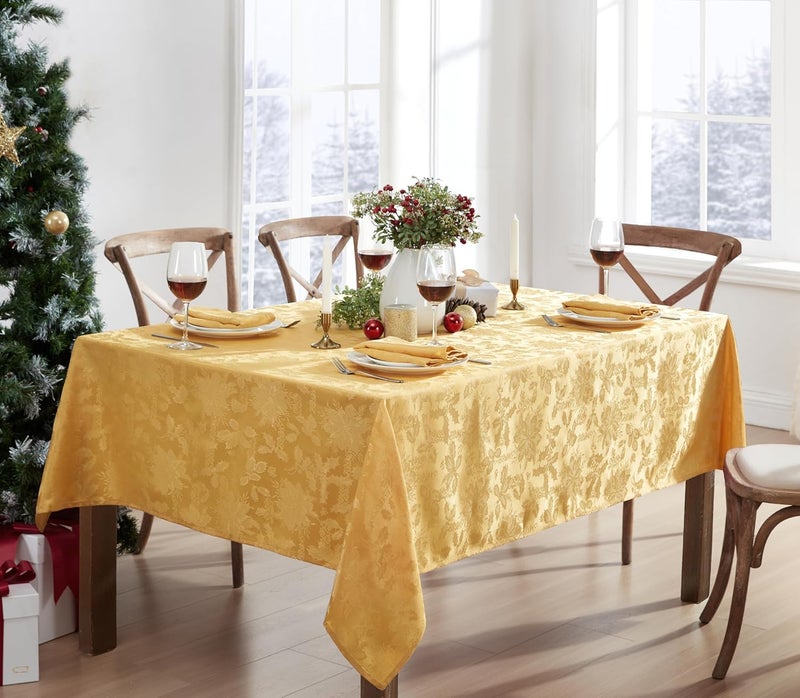Newbridge Christmas Carol Holiday Noel Damask Tablecloth Holly Leaf and Poinsettia Weave Damask Soil Resistant Wrinkle Free Easy Care Tablecloth 52 x 70 OblongRectangle Gold - Image 2