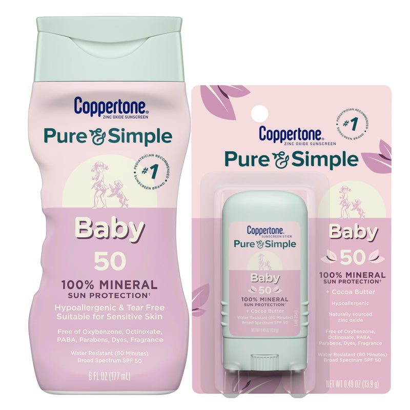 Coppertone Pure And Simple Baby Mineral Sunscreen Lotion Spf 50 (6 Fl Oz) + Baby Sunscreen Stick Spf 50 (0.49 Oz)  Hypoallergenic And Tear Free - Image 1