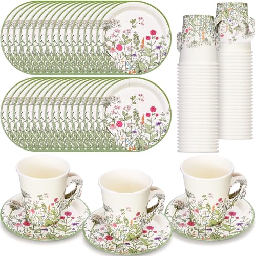 Funnymoom 50 Sets Floral Party Supplies Disposable Floral Party Paper Tea Cups Disposable Vintage Teacup and Saucer Set Vintage Teacup Set White Tea Favor for Garden Birthday Bridal Wedding - Image 1