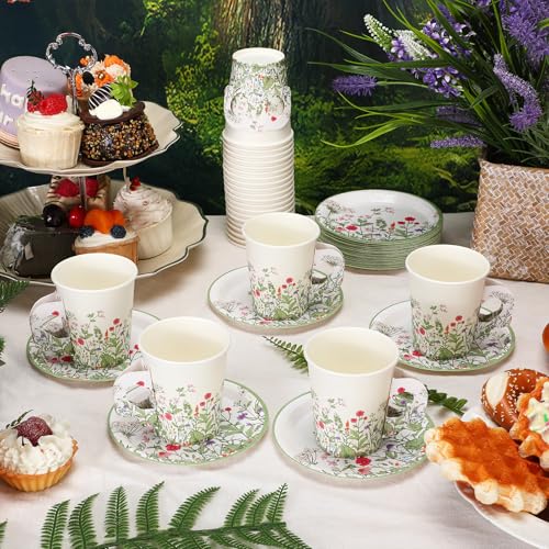 Funnymoom 50 Sets Floral Party Supplies Disposable Floral Party Paper Tea Cups Disposable Vintage Teacup and Saucer Set Vintage Teacup Set White Tea Favor for Garden Birthday Bridal Wedding - Image 3