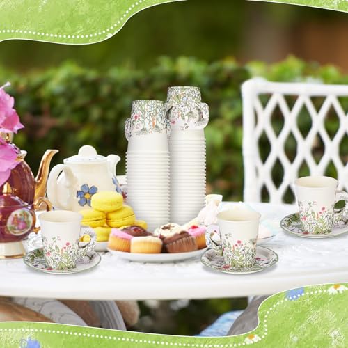 Funnymoom 50 Sets Floral Party Supplies Disposable Floral Party Paper Tea Cups Disposable Vintage Teacup and Saucer Set Vintage Teacup Set White Tea Favor for Garden Birthday Bridal Wedding - Image 4