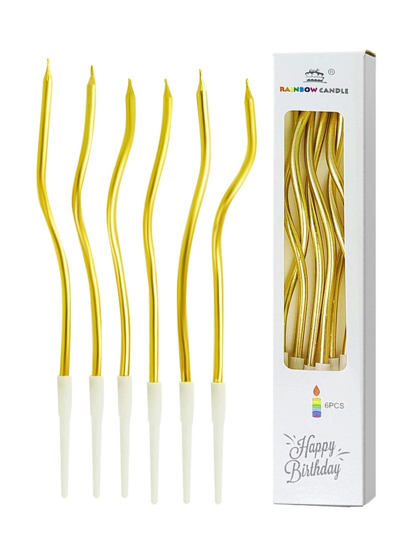 l&wen Arc Birthday Candles, Long Thin Spiral Cake Candles with Holders, Twisted Candles for Party Decorations (6 Pcs, Gold) - Image 1