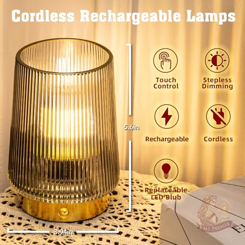 MJ PREMIER MJ Cordless Lamps Rechargeable Battery Operated Lamp Glass Table Lamp Portable Dimmable Brightness Adjust Decorative Dimmable Beside Small Lamp for Home Decor Livingroom Bedroom Kitchen Bathroom Grey - Image 3